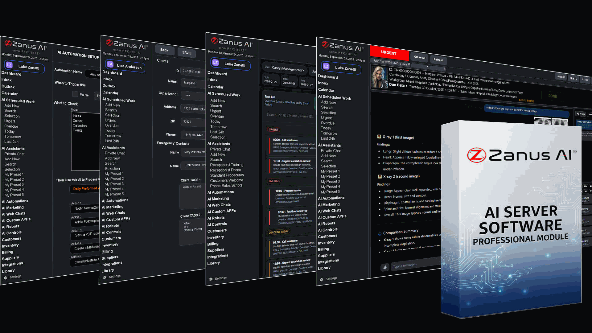 AI Software for Small Business modules interface — client management, scheduling, document automation, marketing AI, and 15+ built-in business tools by Zanus AI