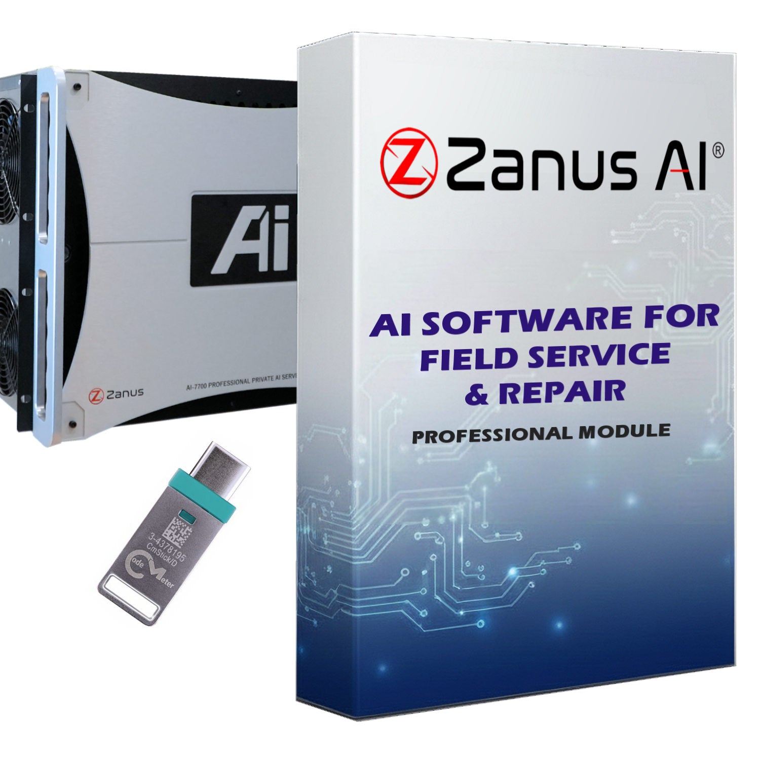 Zanus AI Software for Field Service & Repair — complete private AI operating system box with enterprise GPU server, multiple LLMs, and 15+ built-in modules for OSHA-compliant AI diagnostics, work order management, and field technician operations