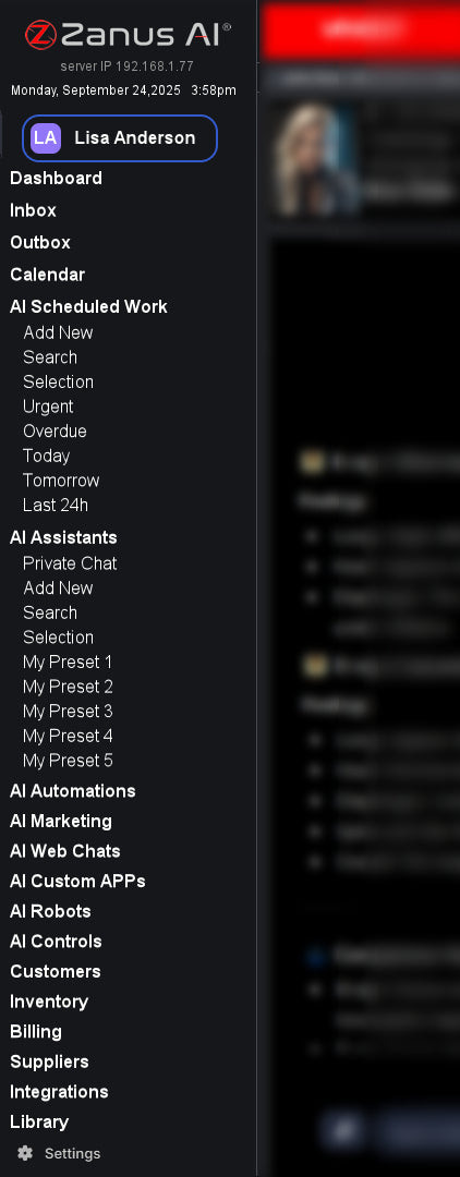 Zanus AI Software for Small Business — complete feature menu showing all AI modules, functions, and business tools