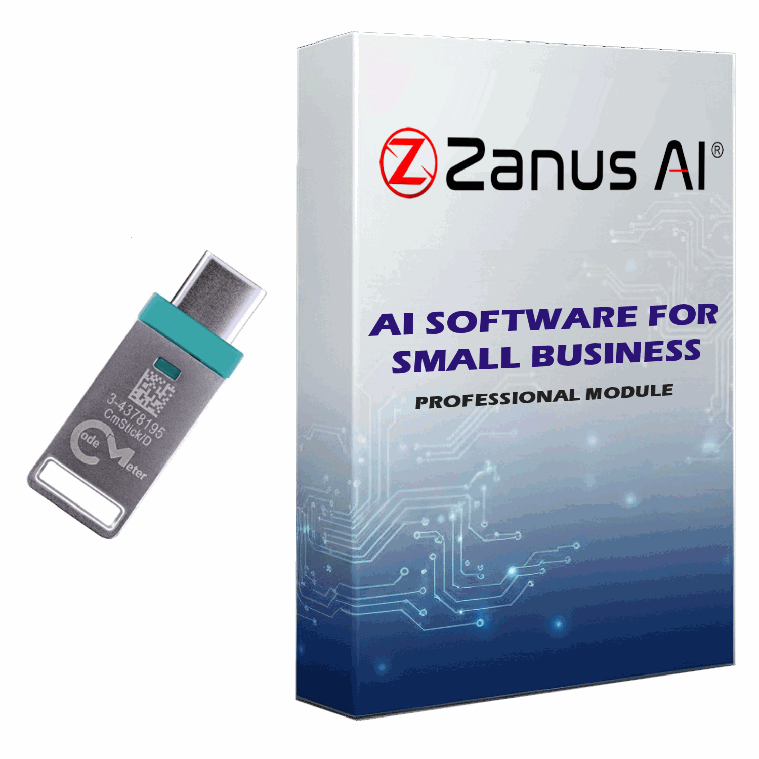 AI Software for Small Business product package by Zanus AI — physical USB hardware dongle with private on-premises AI activation