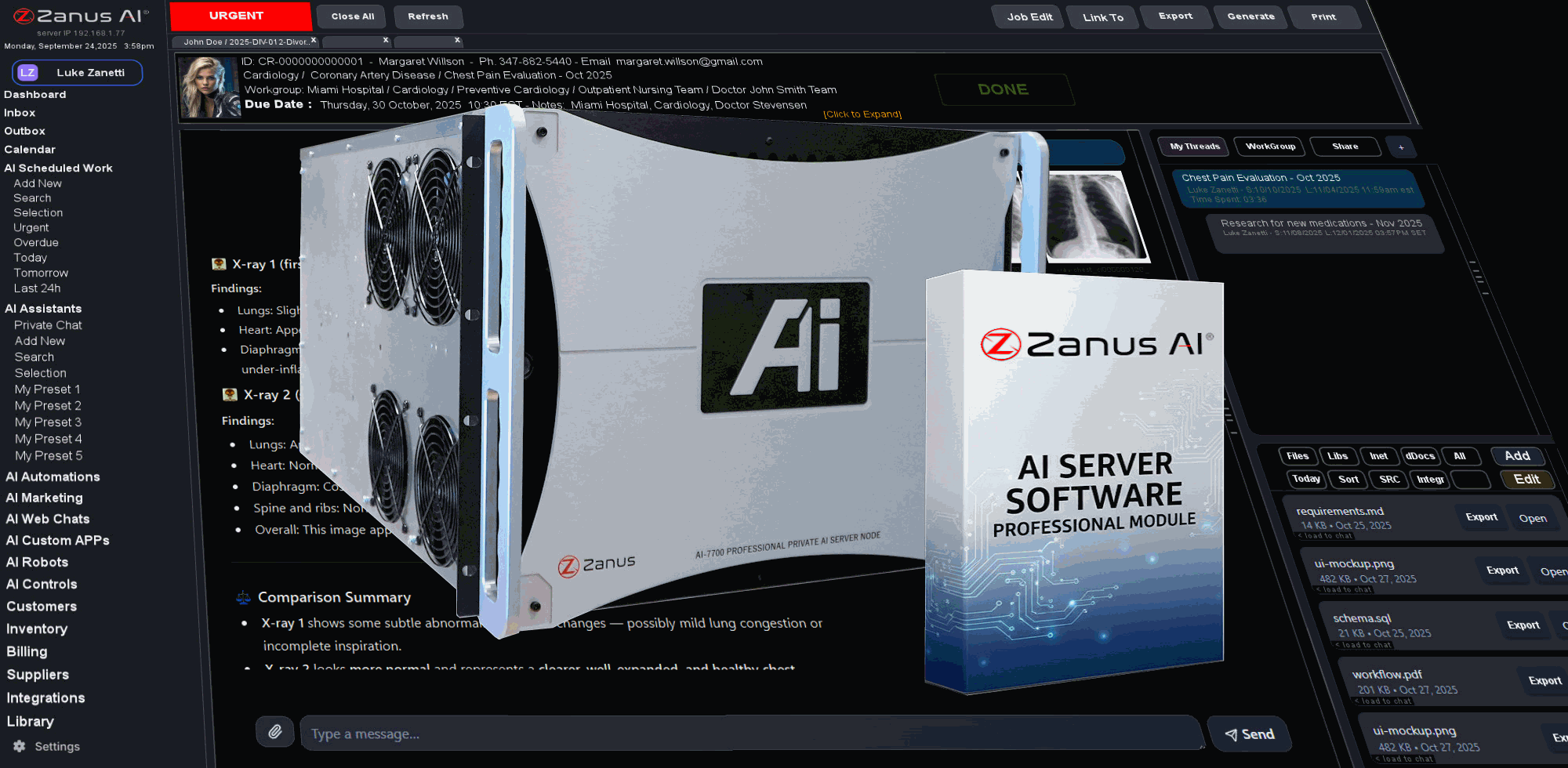 Private AI software dashboard overview — Zanus AI operating system with enterprise business modules running on-premises