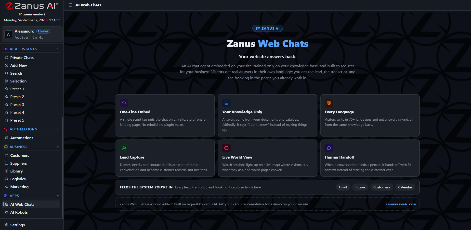 Zanus Web Chats: website visitors talking to embedded AI agents