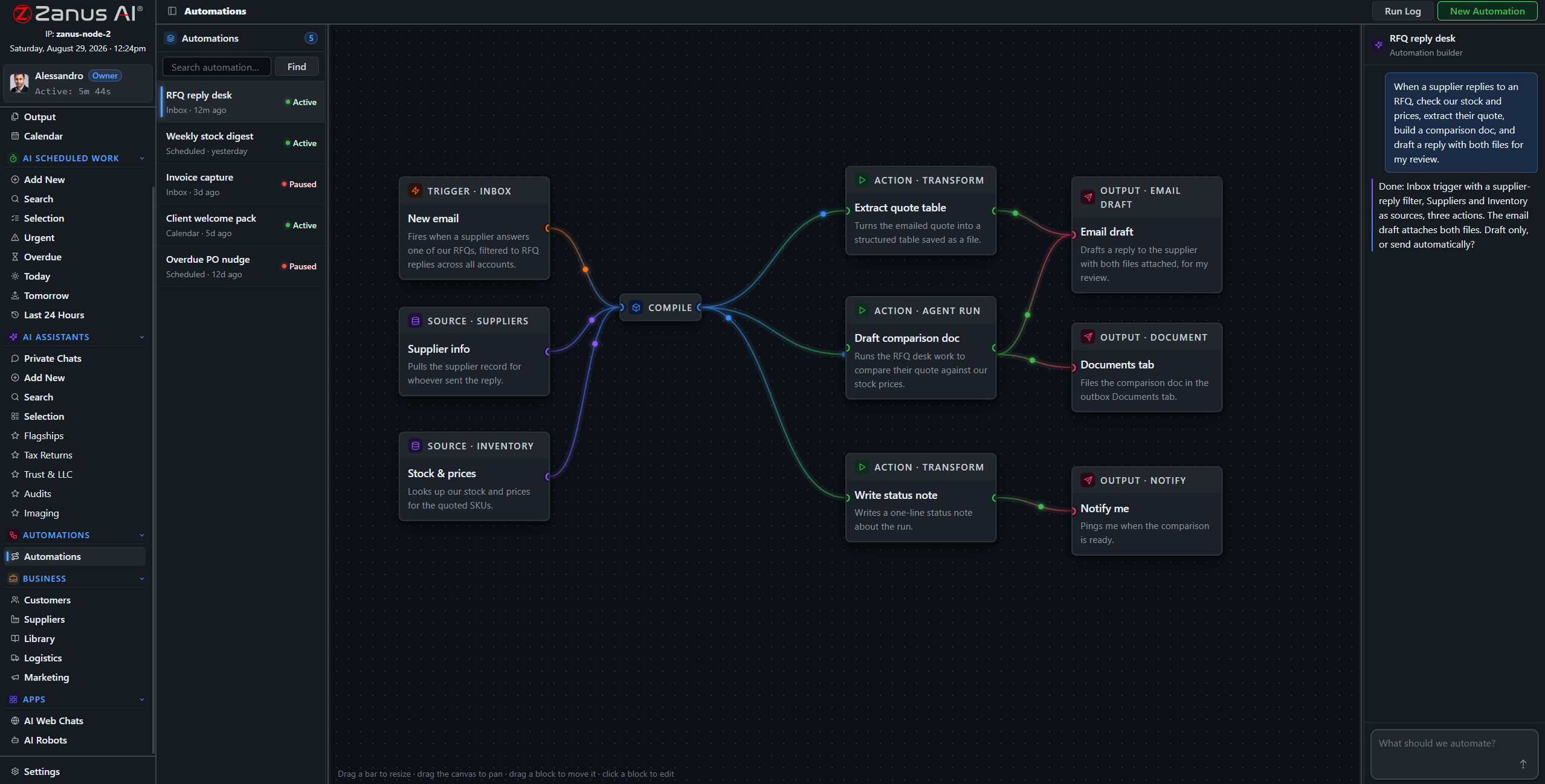Visual automation flow with trigger, sources and actions