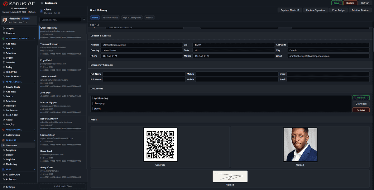 Client record with profile, documents, media and badges