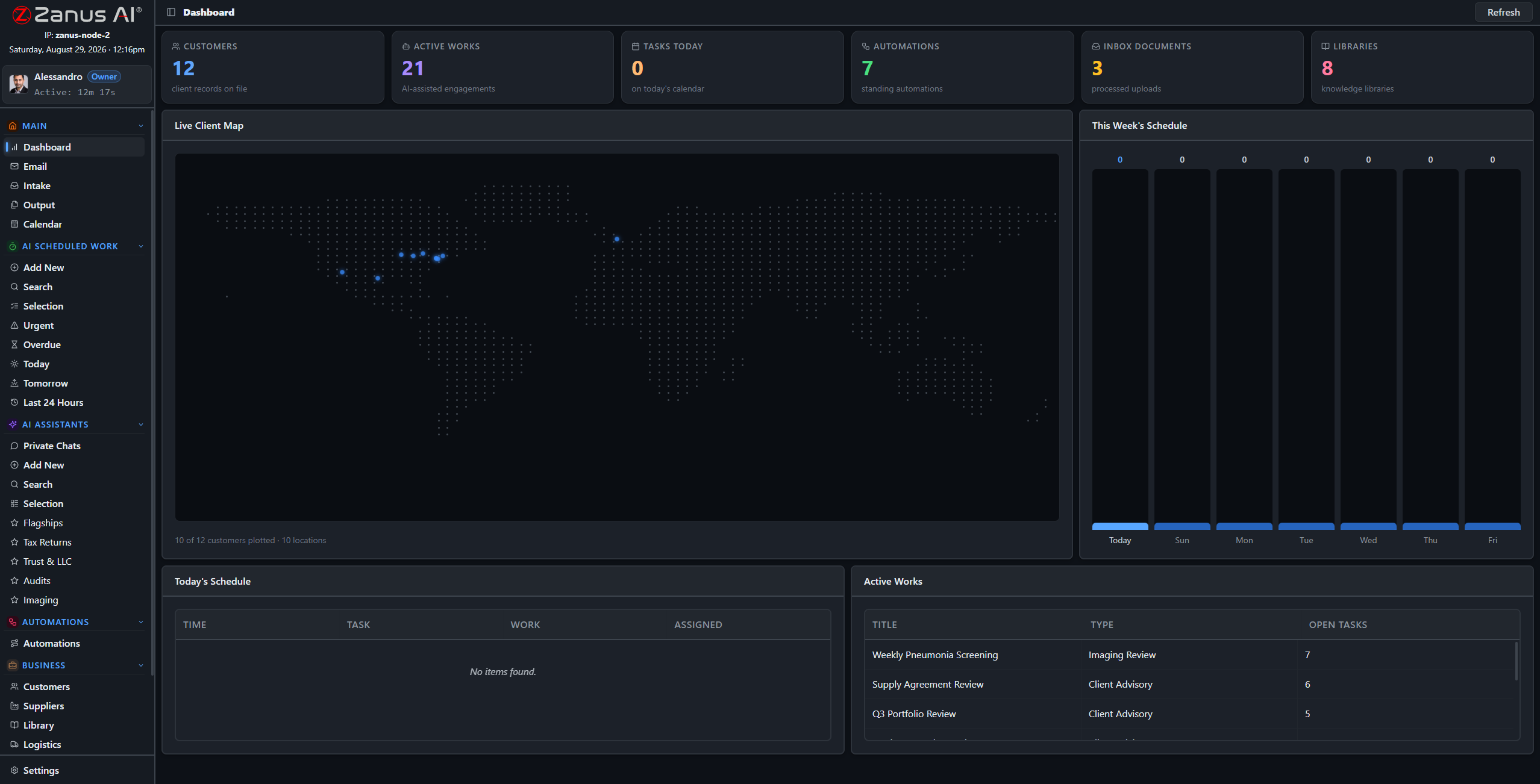 Zanus Back Office dashboard running a media operation