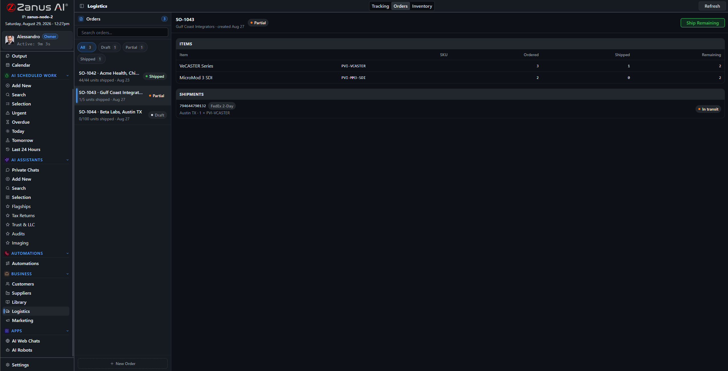 Order management module with statuses and documents