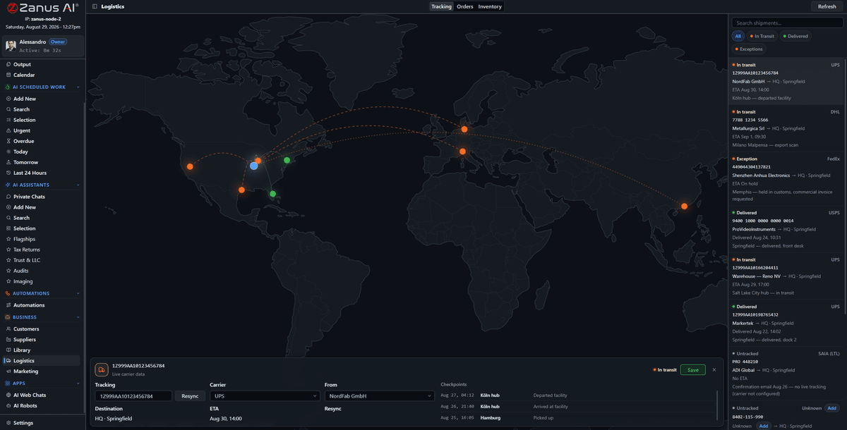 Live shipment map tracking in the Zanus logistics module