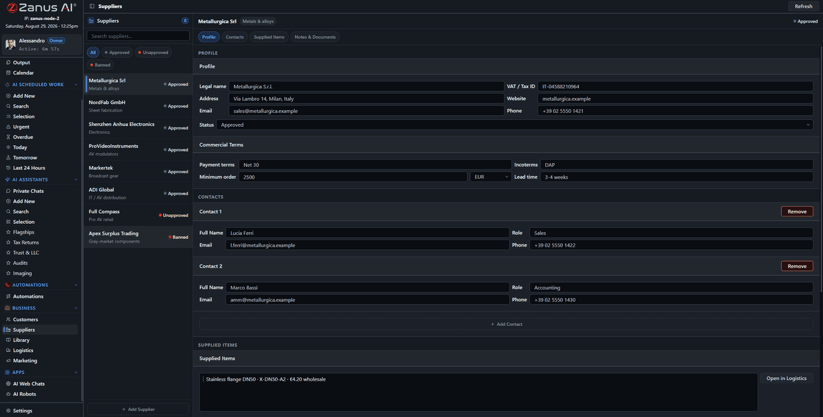 Supplier record with approval status and terms