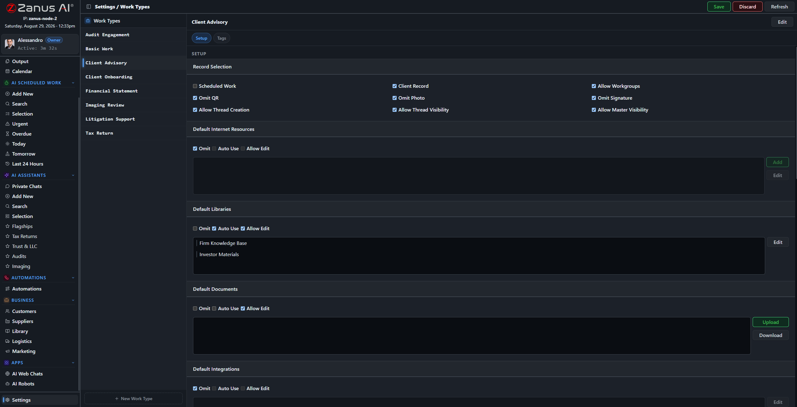 Construction work types configured in the back office