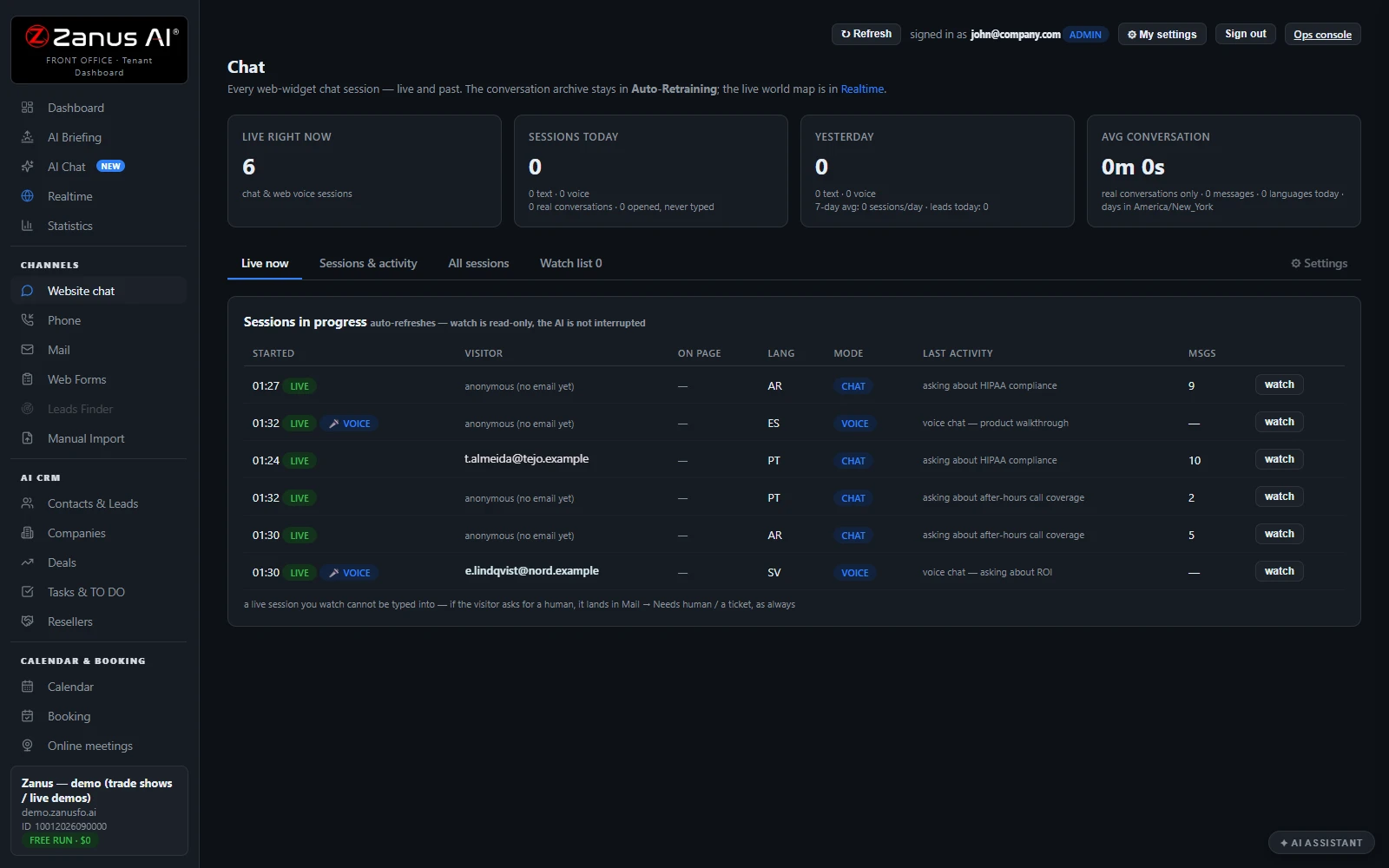 AI Chat — The Website chat page: live sessions and the day's counters, real Zanus AI screen