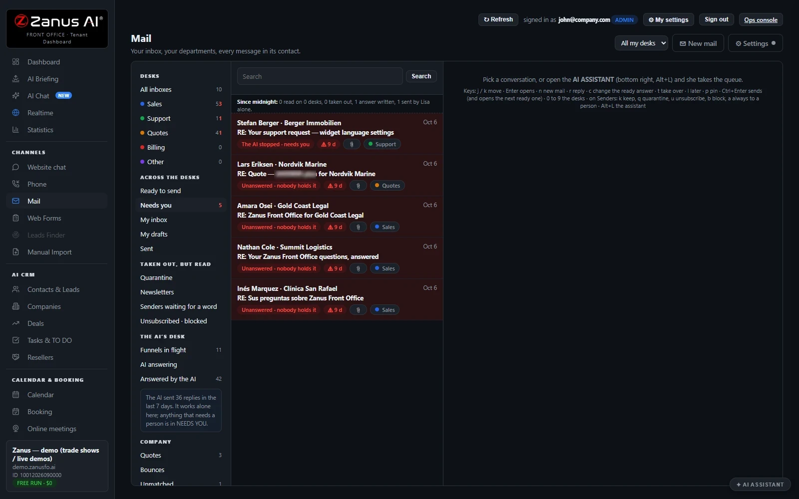 AI E-mail — The Mail page: the desks, the list, the reader, real Zanus AI screen