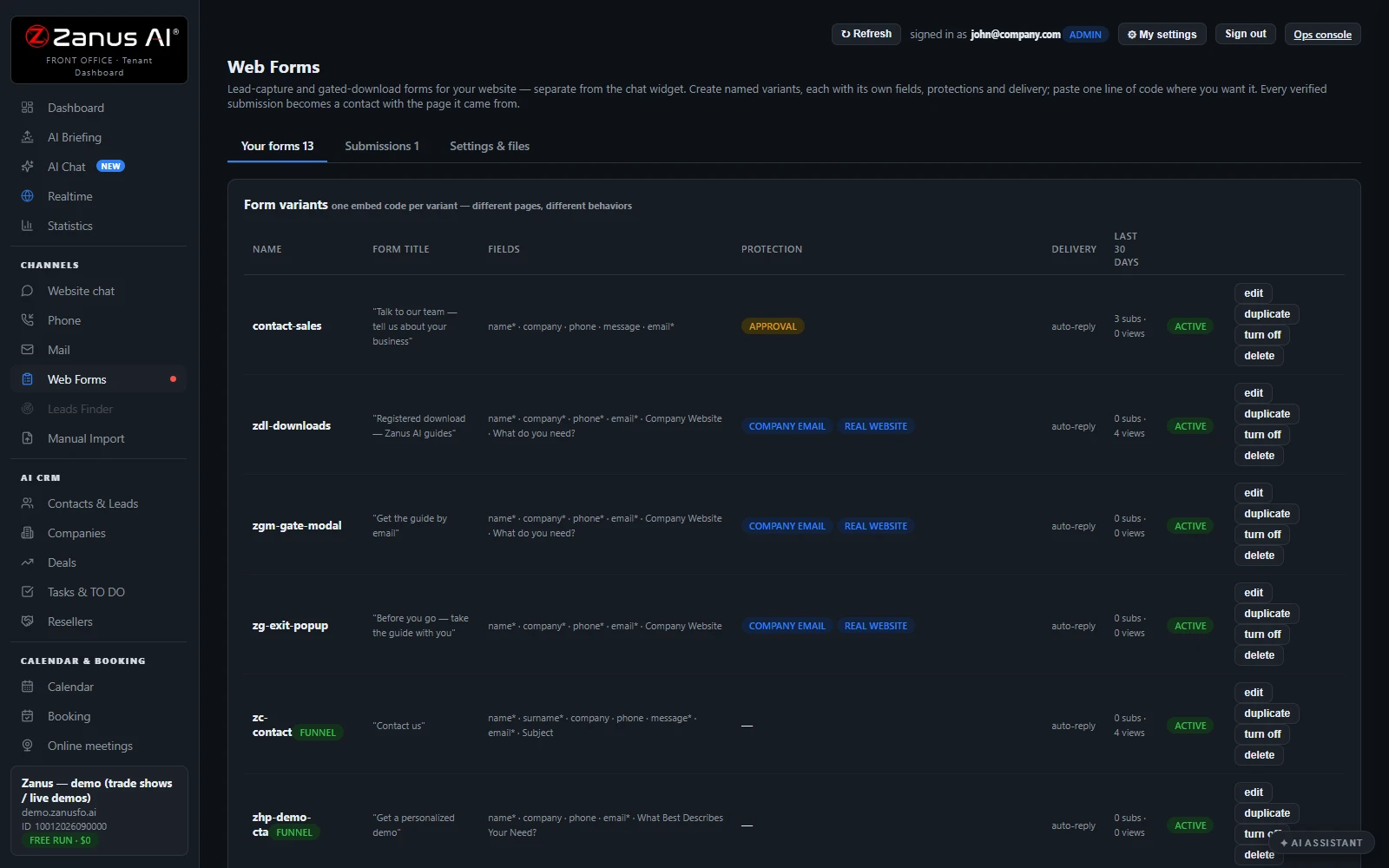 AI Web Forms — The forms list with their embed lines, real Zanus AI screen
