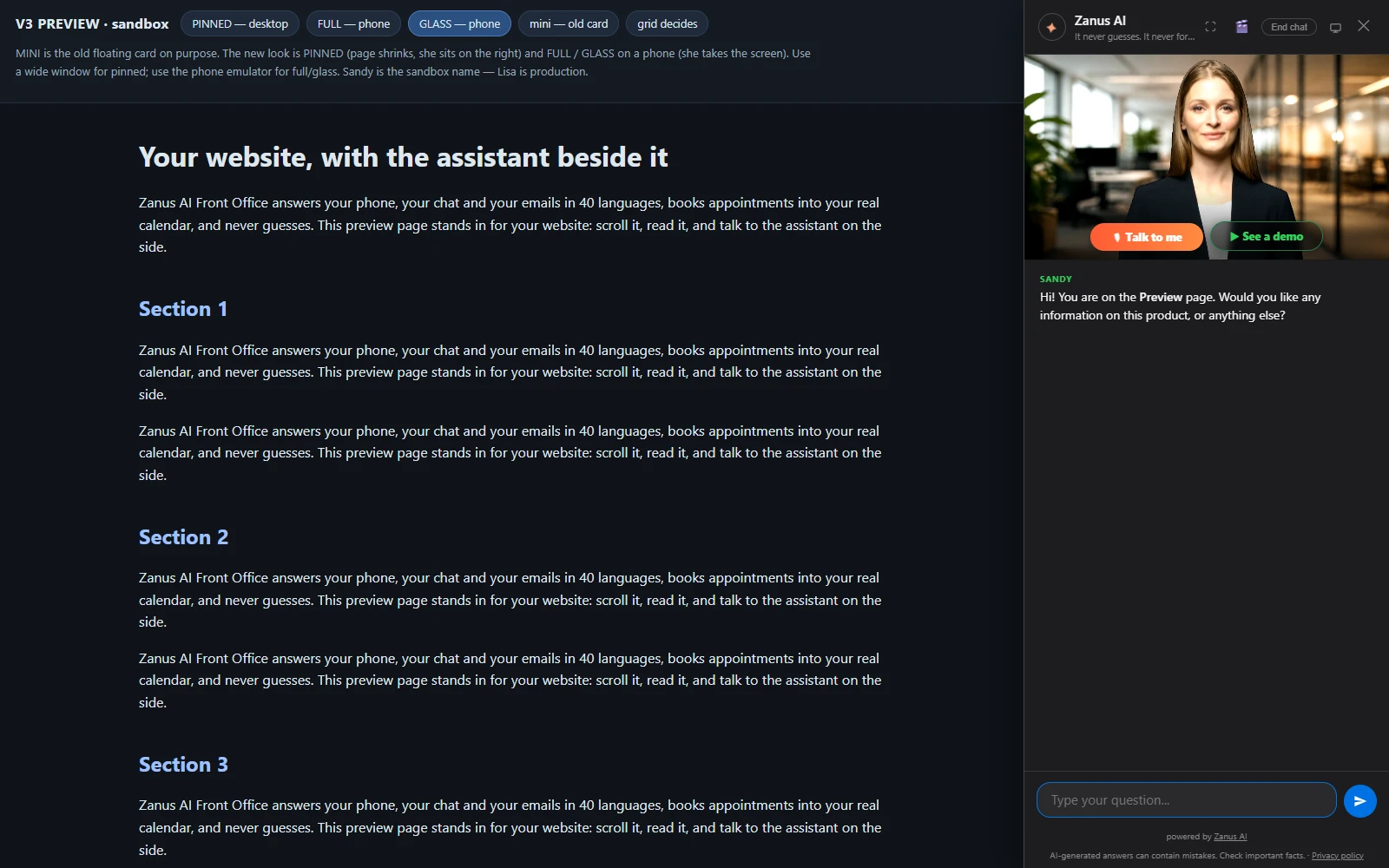AI Avatar — Lisa's face on the widget beside a website page, real Zanus AI screen