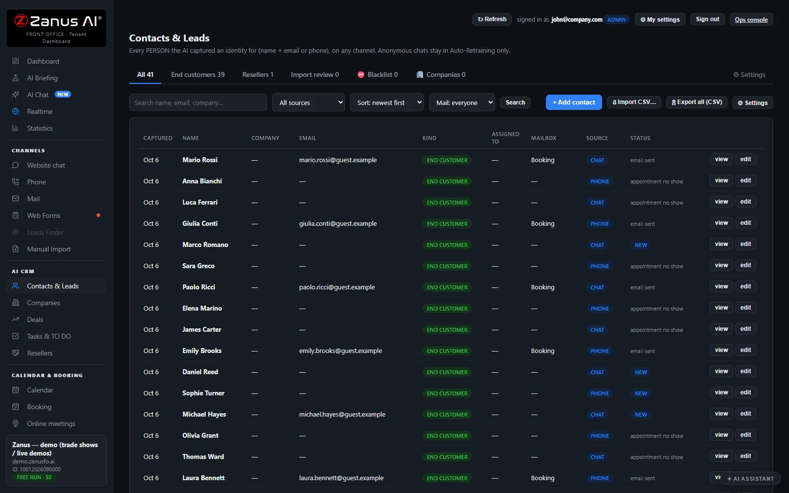 AI CRM — Contacts & Leads: the list with sources and status, real Zanus AI screen