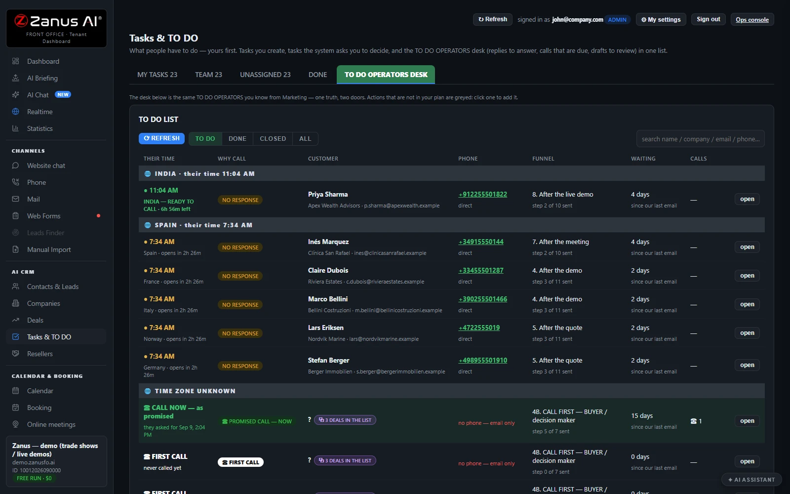 AI Call Desk — The work queue on the operators' desk, real Zanus AI screen
