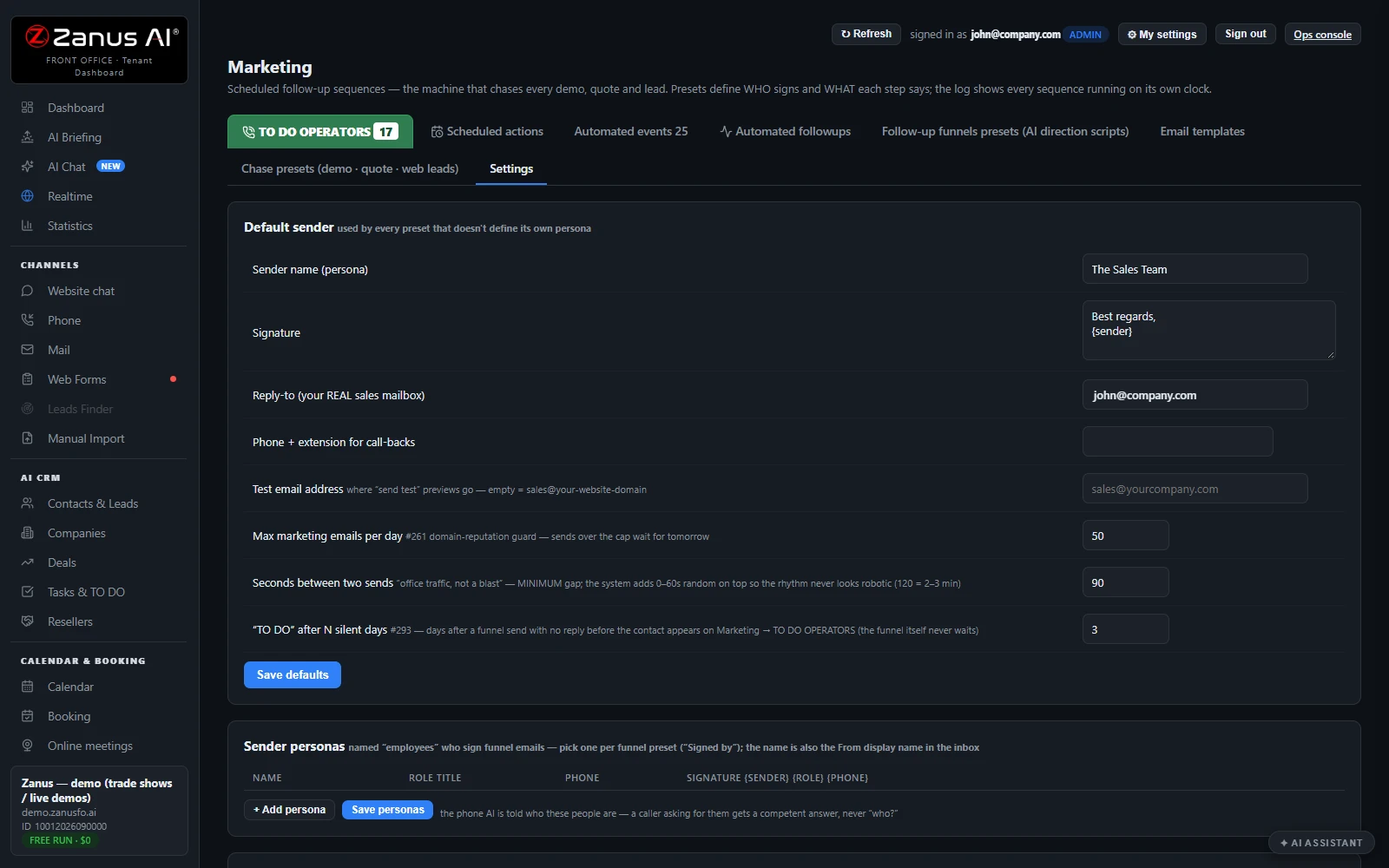 AI Marketing — Settings: the sender, the daily limit and the pace between two sends, real Zanus AI screen