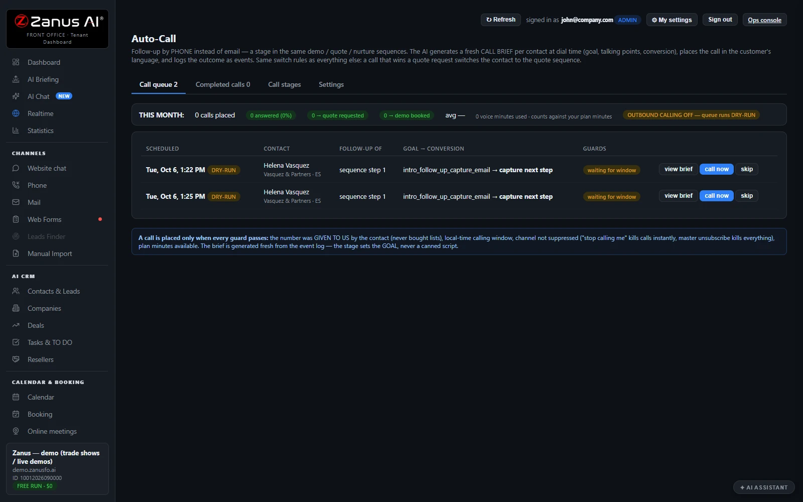 AI Auto-Call — The auto-call register, real Zanus AI screen