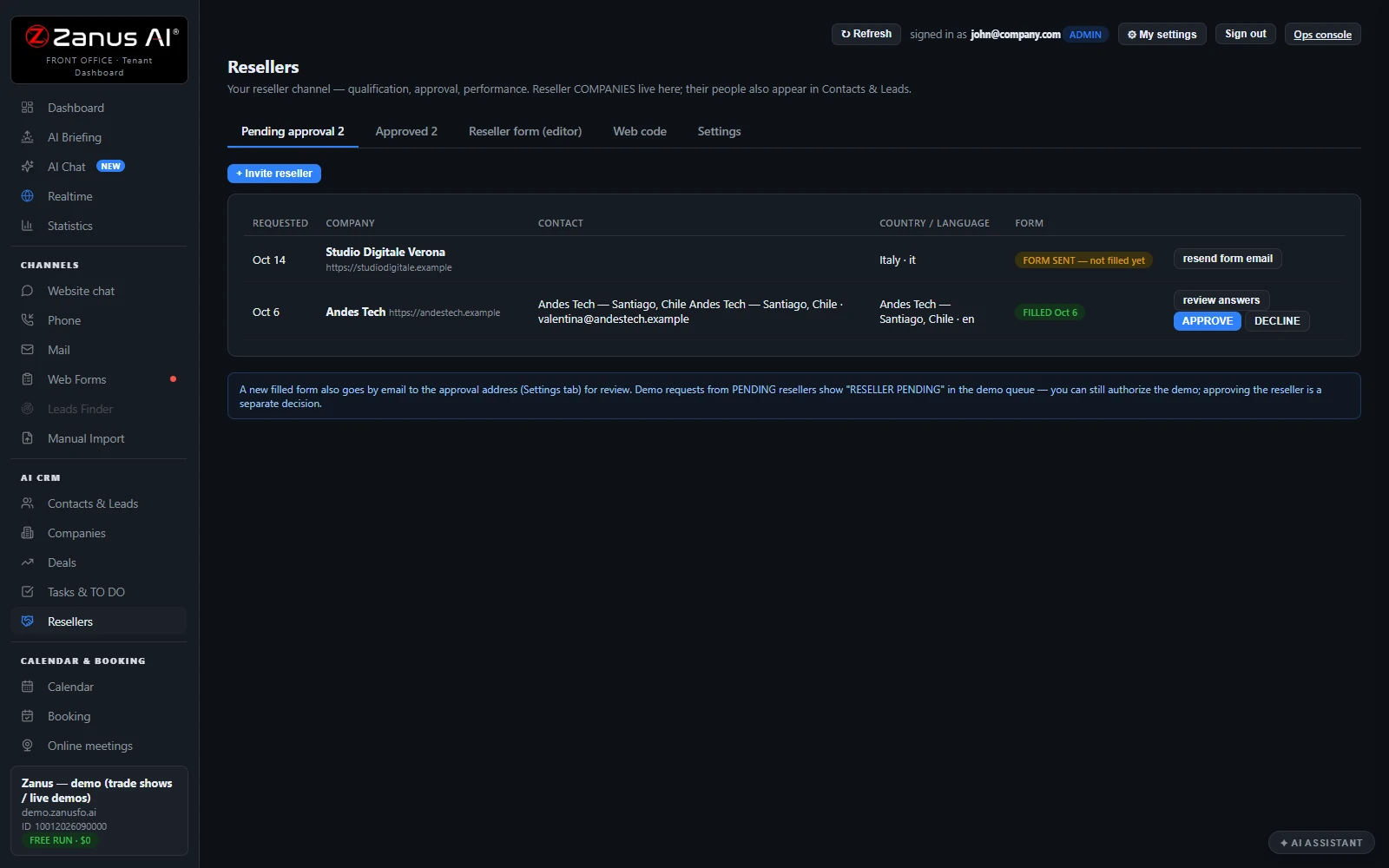 AI Partner Portal — The applications queue with the AI's dossier, real Zanus AI screen