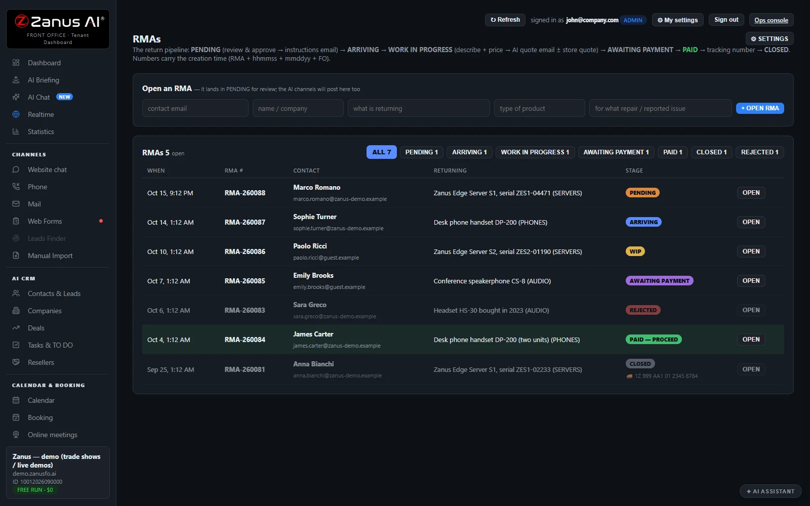 AI Returns & Warranty — The pipeline with demo cases in every stage, real Zanus AI screen
