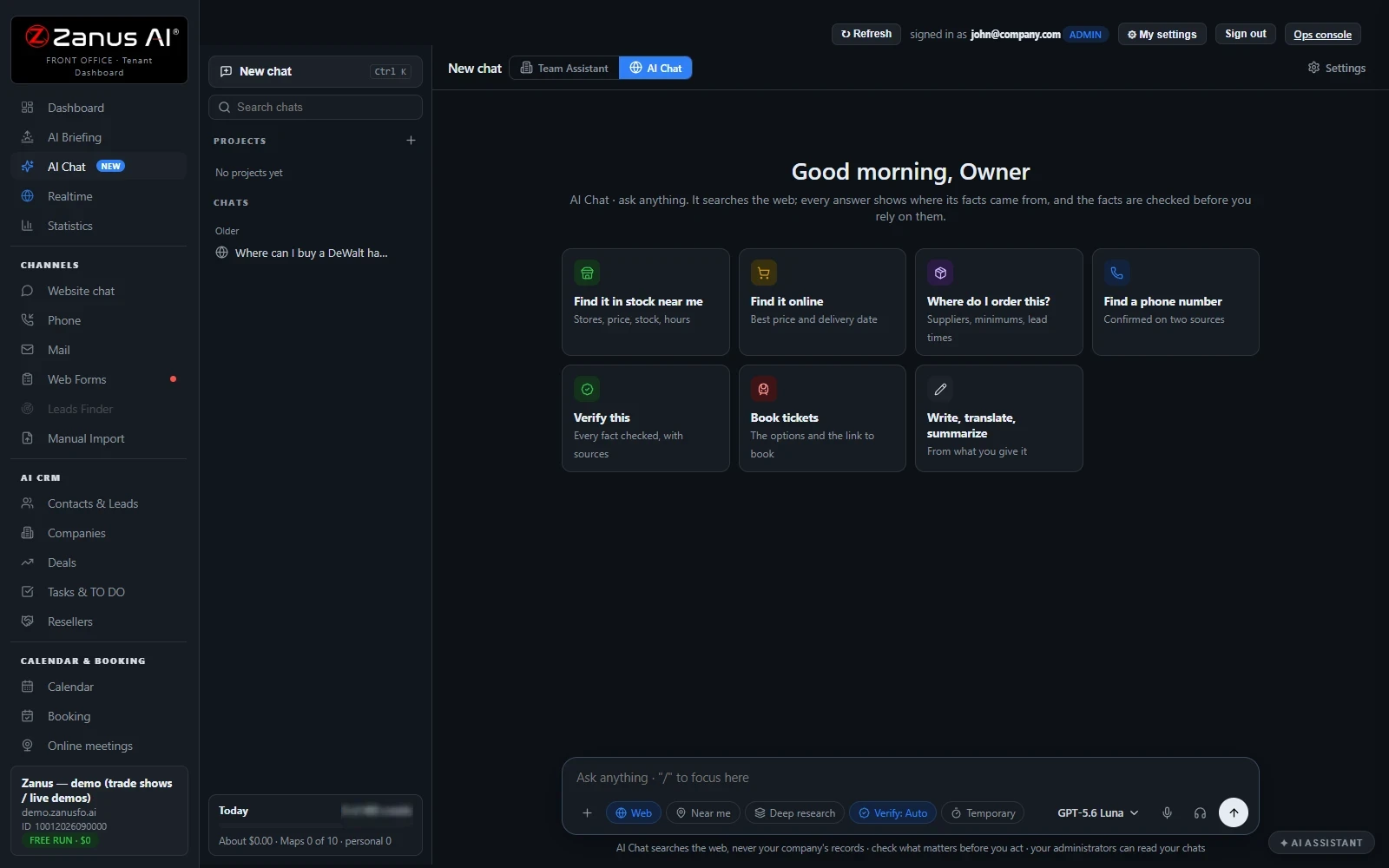 AI Team Assistant — The screen at a new conversation, real Zanus AI screen
