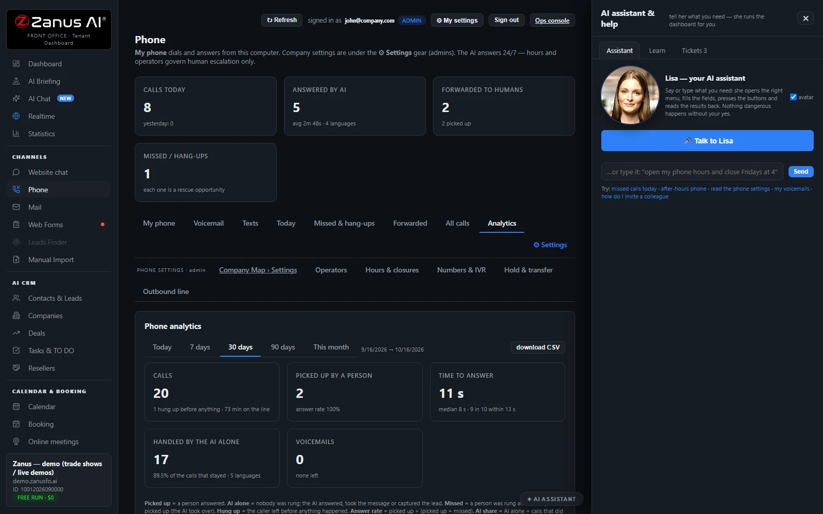 Lisa, your AI assistant — real Zanus AI screen