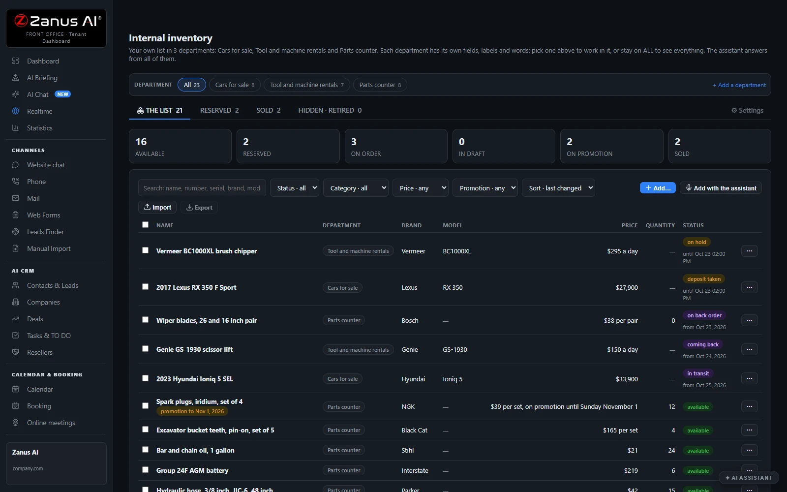 AI Inventory — Every article on one list, each with its department, real Zanus AI screen