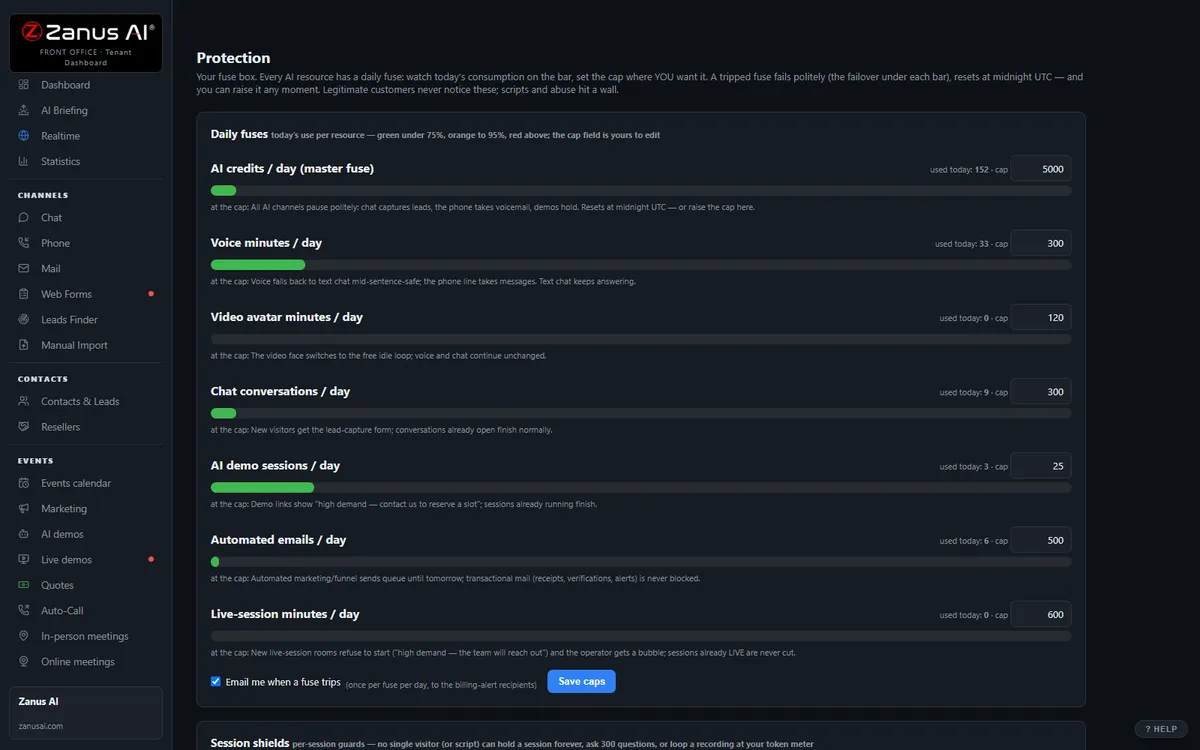 Protection — daily fuses, session shields, demo budgets