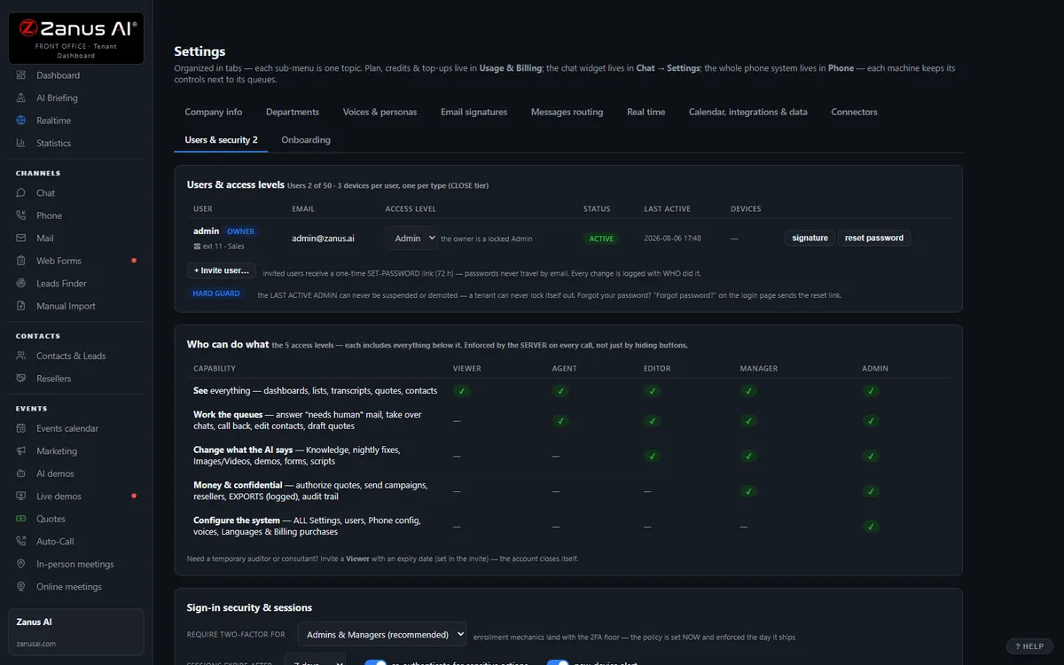 Front Office settings — users, roles and security