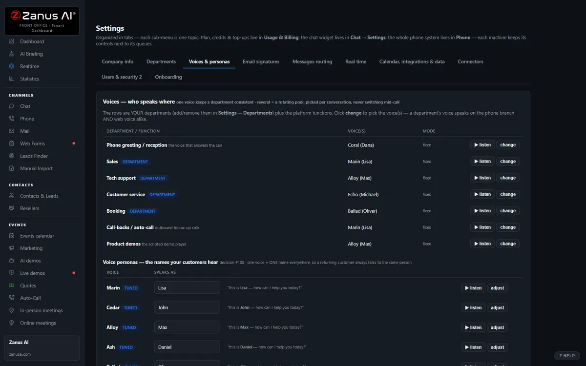Settings — Voices & personas