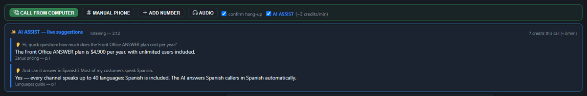 AI ASSIST side panel suggesting grounded answers during a live human call