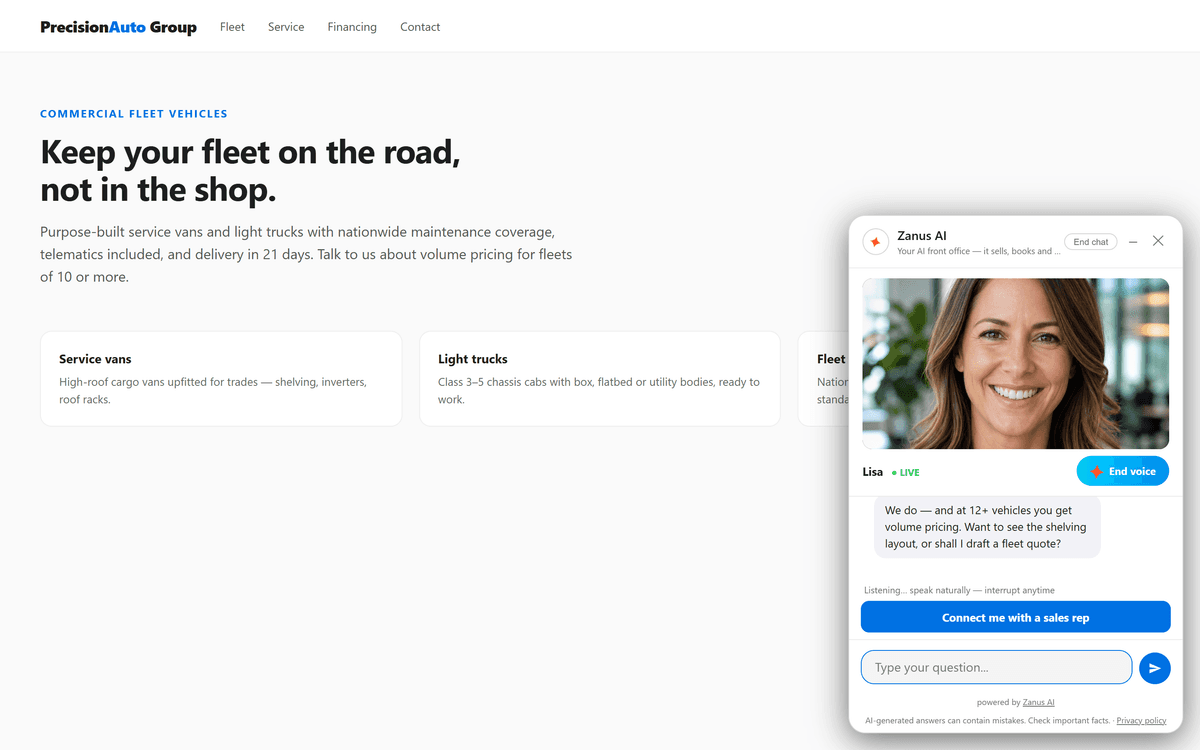 Zanus AI Avatar Lisa live on a customer website, mid voice conversation