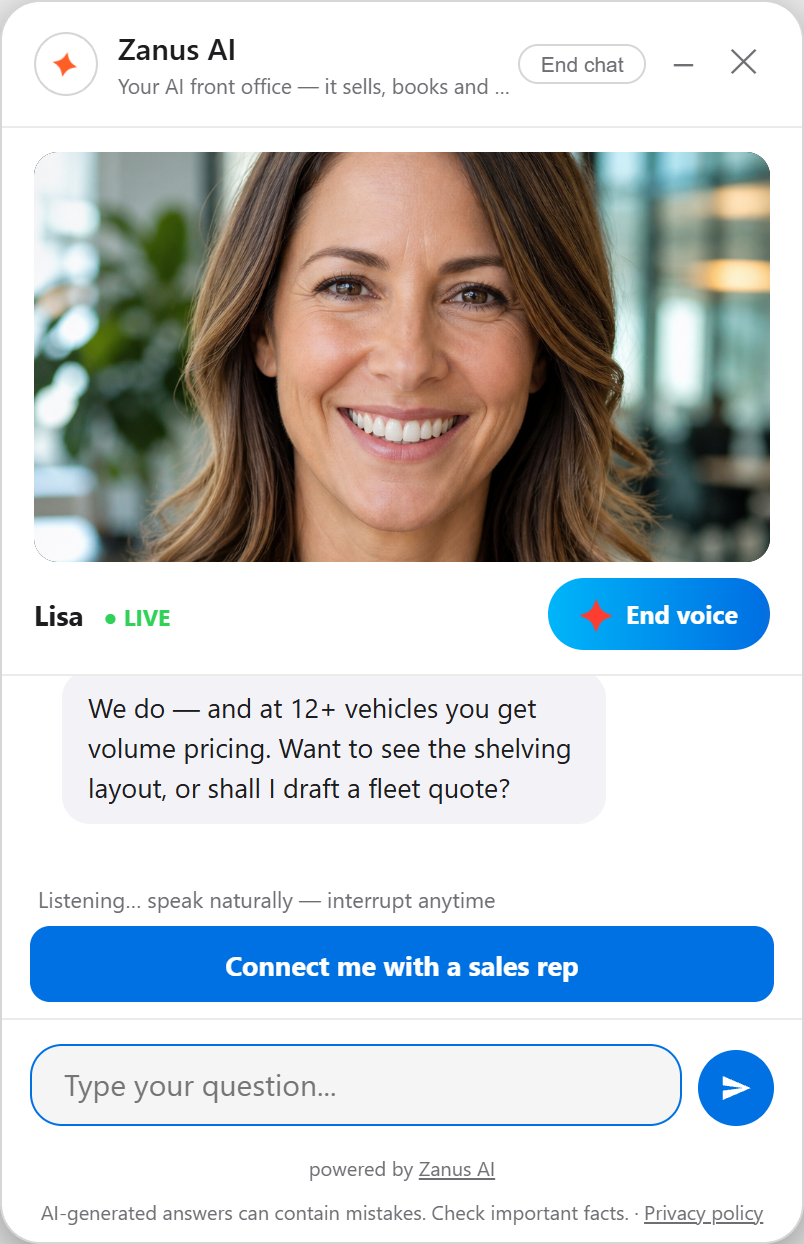 Zanus AI Avatar widget close-up: live voice, barge-in, grounded answer