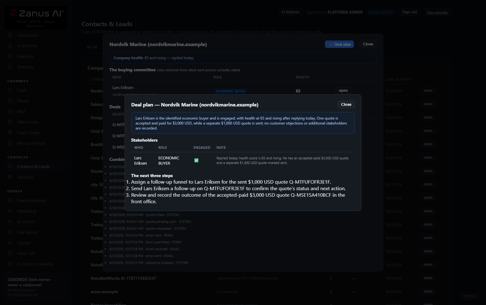 Deal Plan — one click on any contact