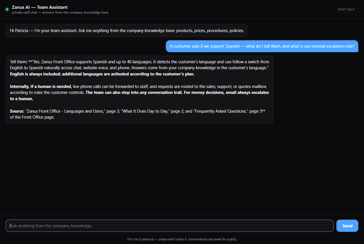 Team Assistant private staff chat answering with internal knowledge, desktop