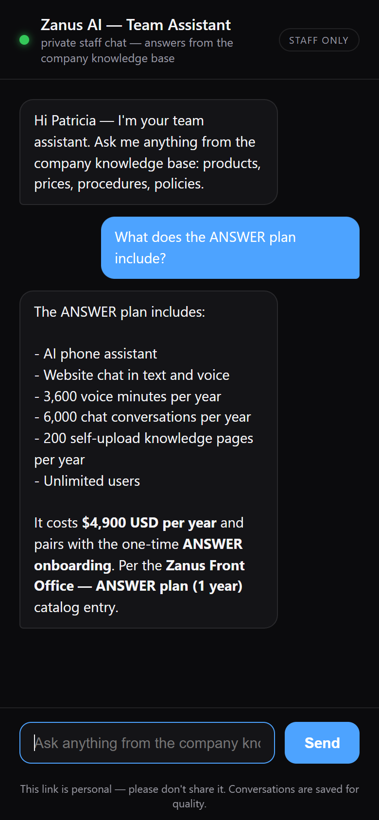 Team Assistant on a phone: private staff chat mid-shift
