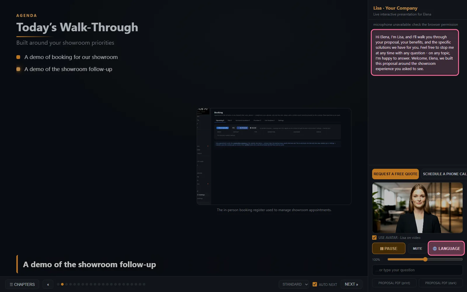 AI Demo — The show: Lisa presents the demo live, and the customer can interrupt at any moment, real Zanus AI screen