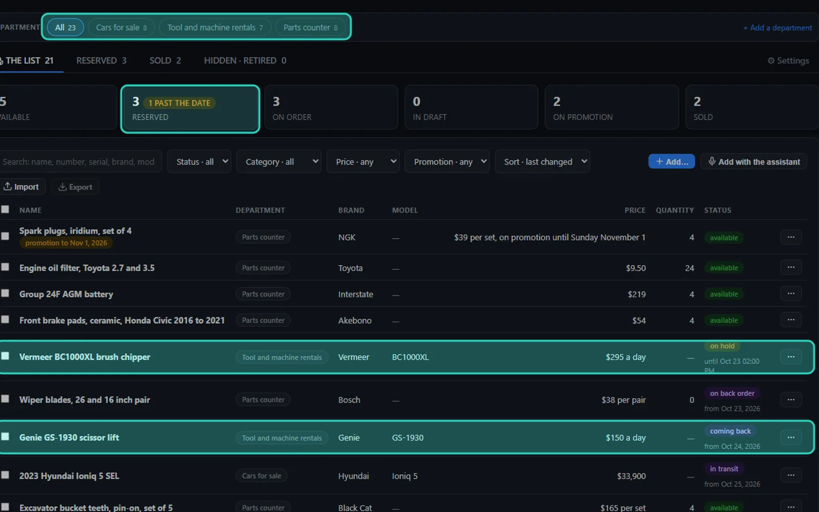 AI Inventory — Every department on one list, a machine on hold and another coming back, real Zanus AI screen