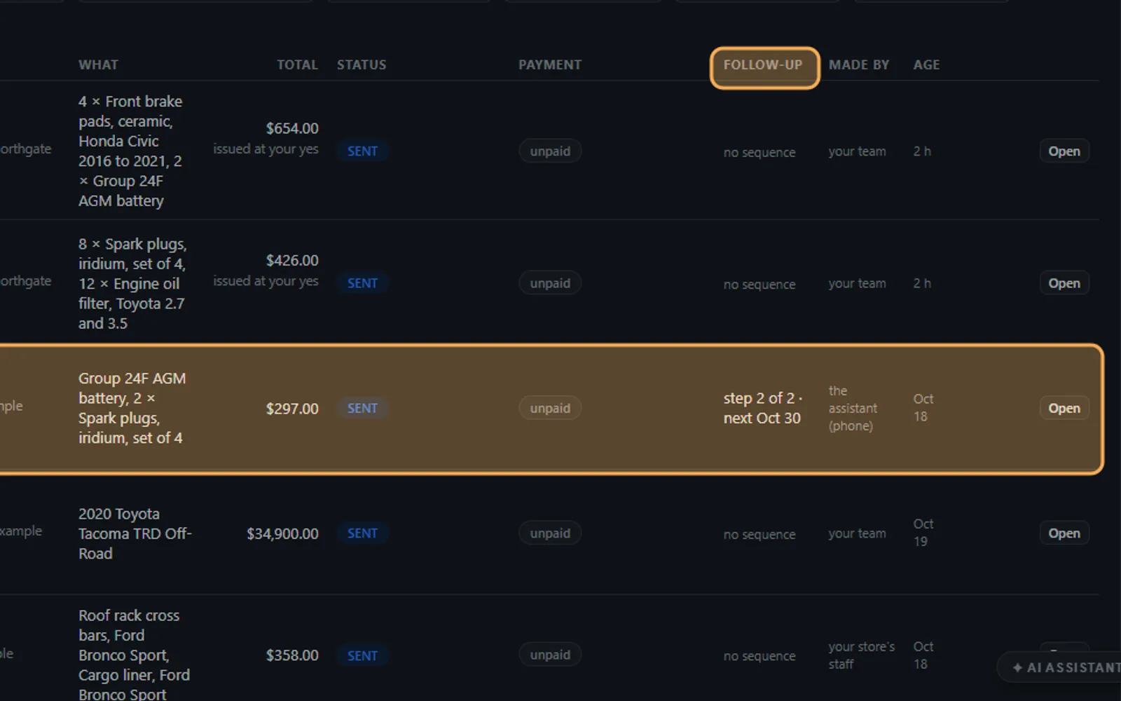 AI Quoting — Every quote sent with its total, status, payment and follow-up step, real Zanus AI screen