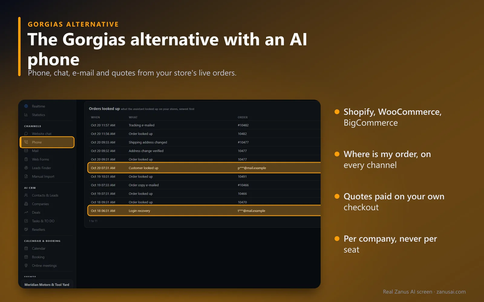 Gorgias alternative: Zanus AI answers an online store's phone, chat and e-mail from its live orders (real screen)