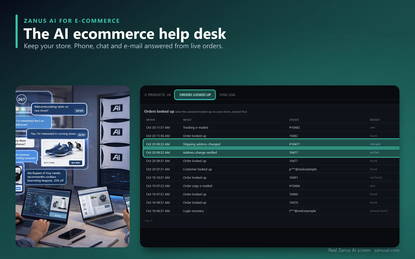 AI ecommerce help desk: orders looked up on the phone and the chat, one shipping address change verified (real screen)