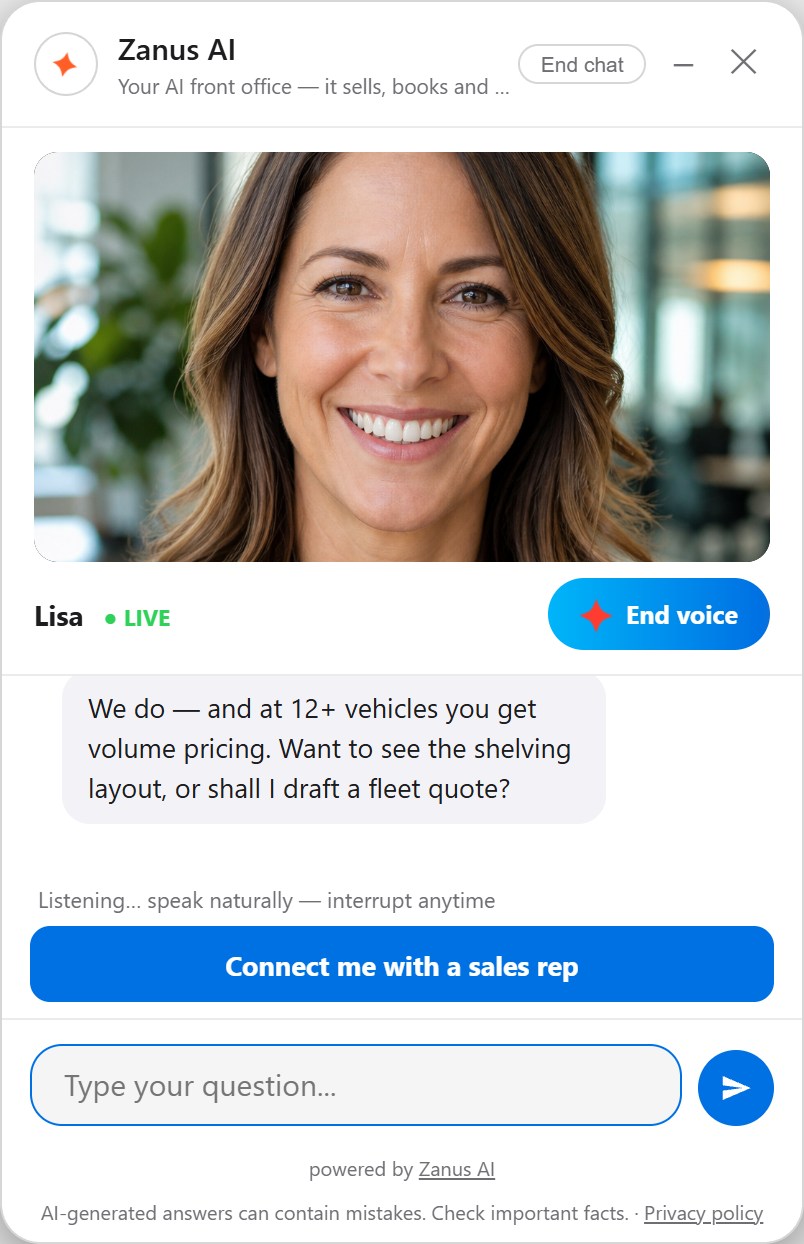 Lisa — the live Zanus avatar in the website widget