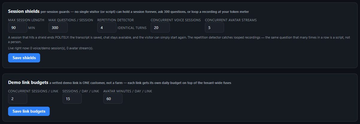 Session shields: time ceiling, question budget, repetition detector, concurrency limits
