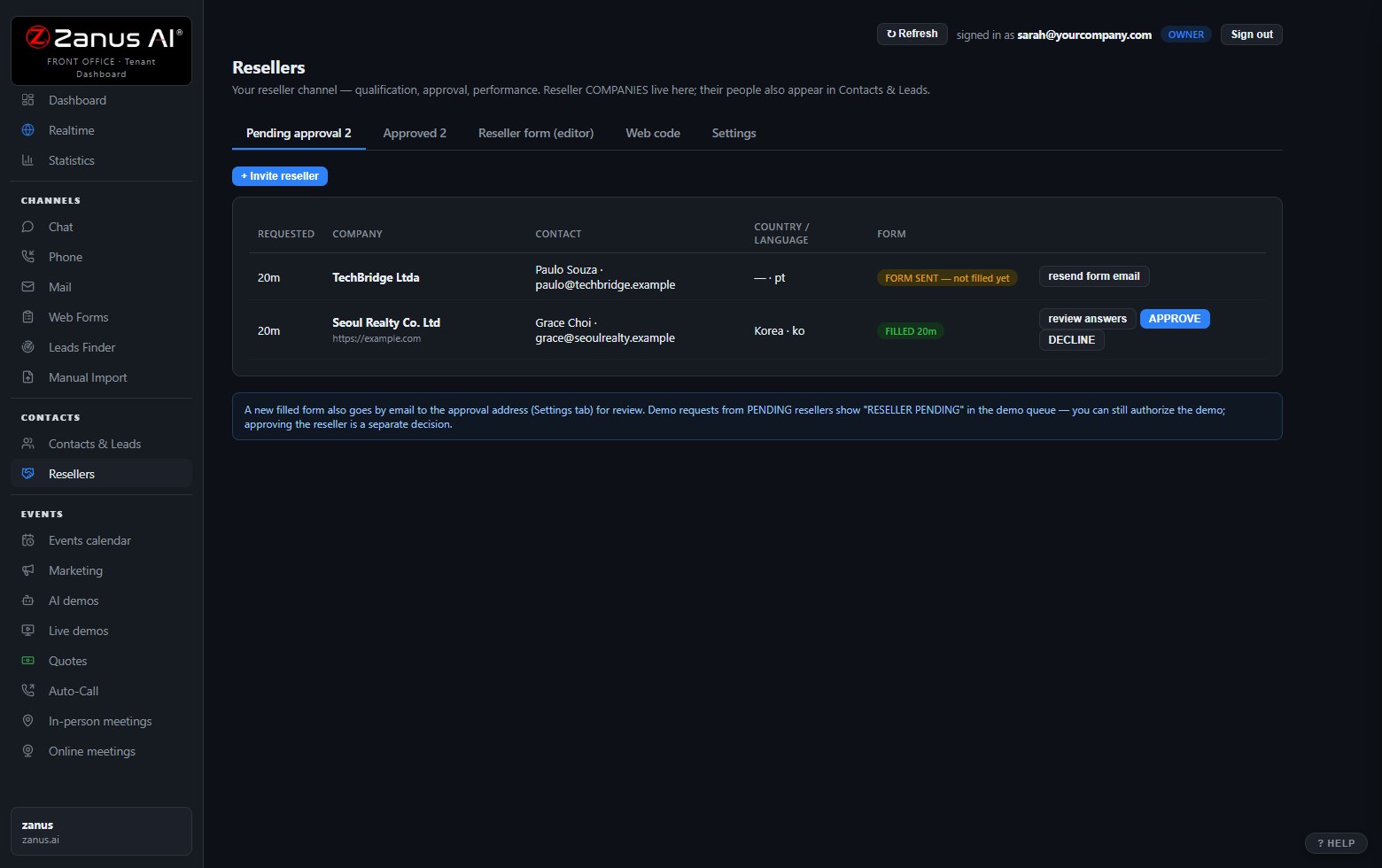 The Resellers menu inside Zanus Front Office