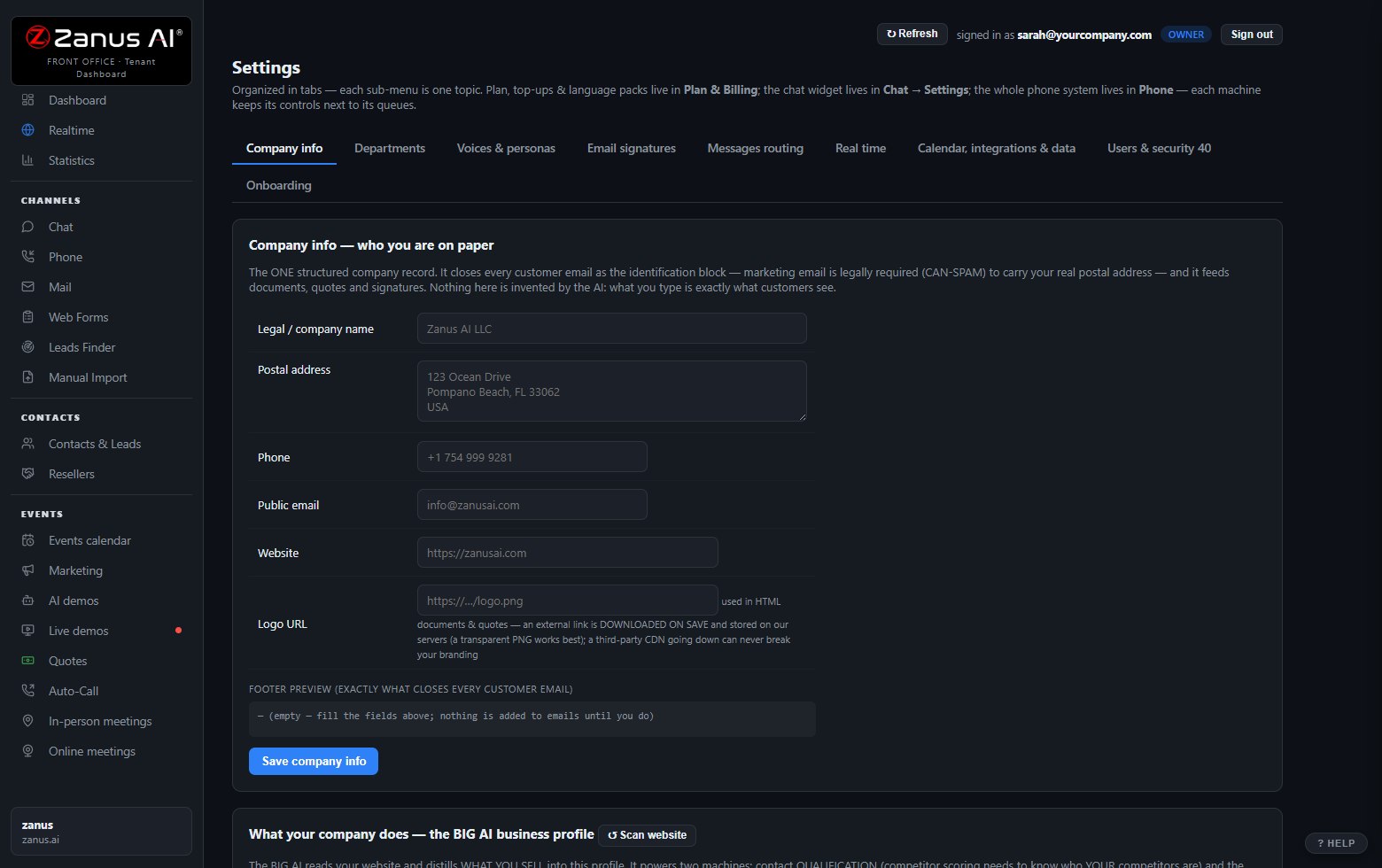 The Settings menu: self-service configuration with audit trail