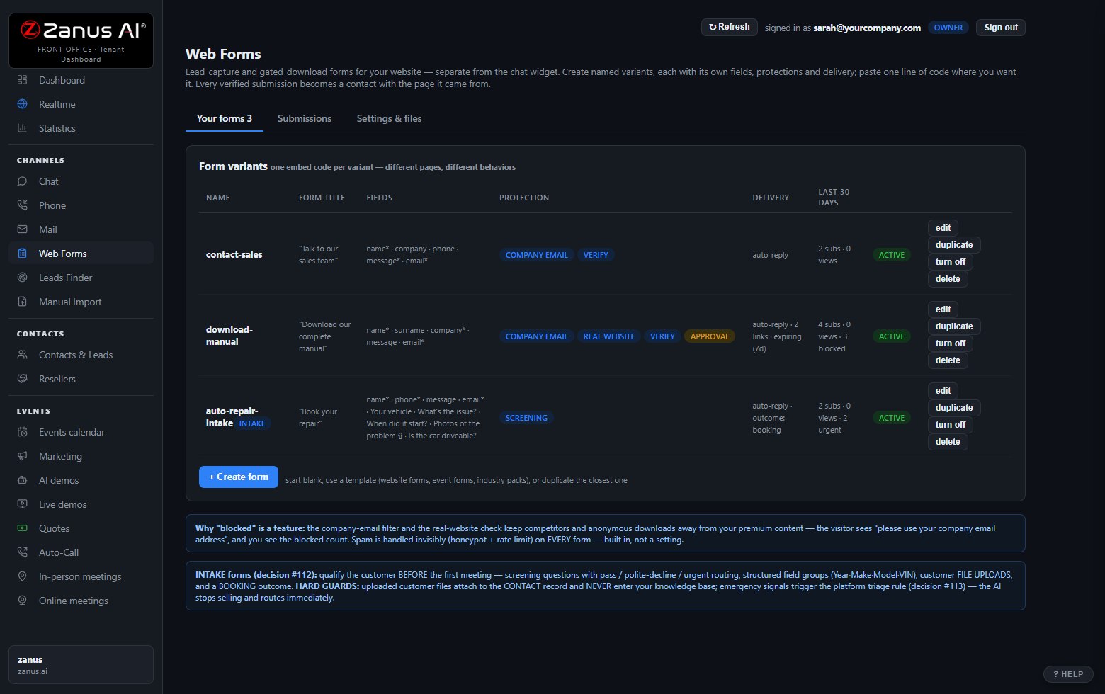 The Zanus web-forms engine that powers registered downloads
