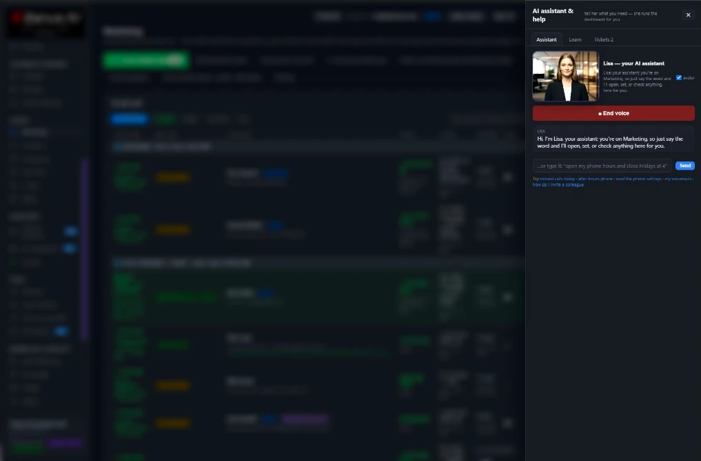 Lisa, your AI assistant, open in the side panel of the Zanus AI dashboard — real screen