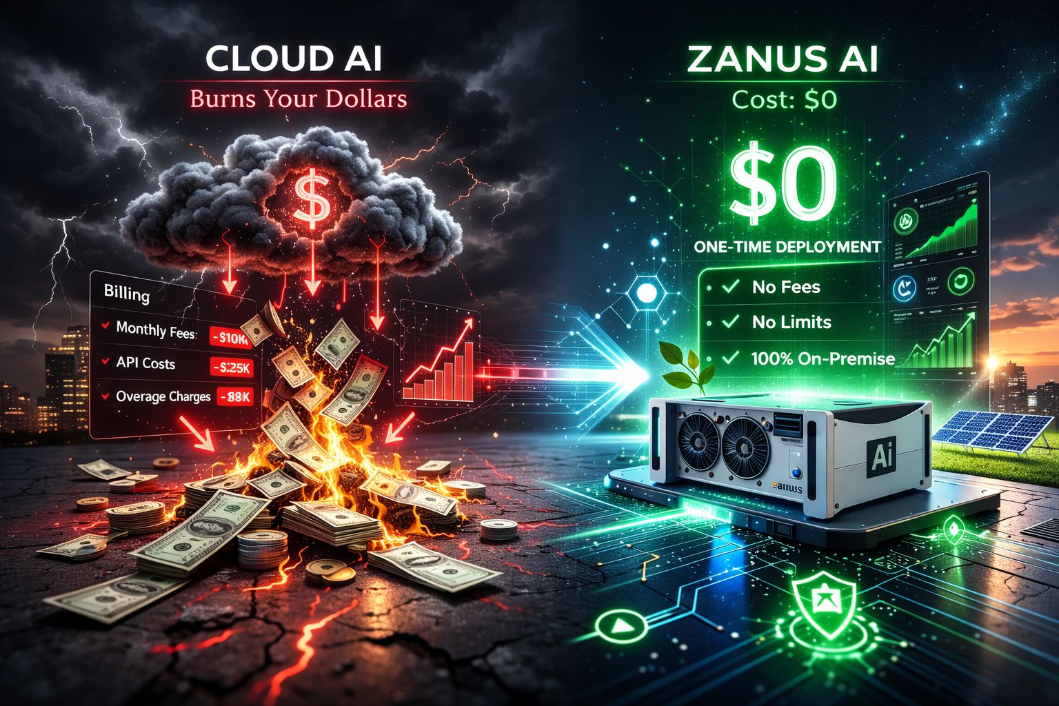 Cloud-KI verursacht hohe Kosten durch monatliche Gebühren, API-Kosten und Gebühren für die Überschreitung von Kontingenten – im Gegensatz zum Zanus AI Server Zanus AI ohne wiederkehrende Gebühren, ohne Begrenzungen und mit 100 %iger Bereitstellung vor Ort – Kostenvergleich für Unternehmen