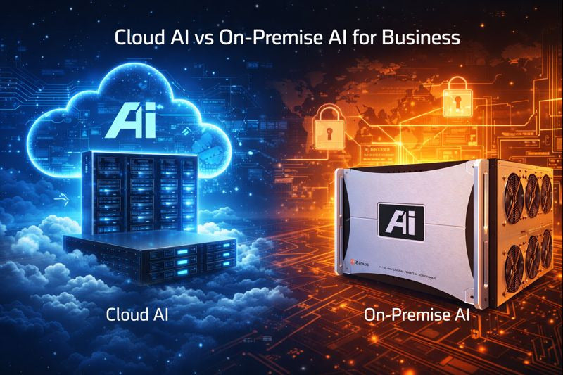 Vergleich zwischen Cloud-KI und lokalem privatem KI-Server – Der schlüsselfertige Zanus AI -Server neben der Infrastruktur eines Cloud-Rechenzentrums