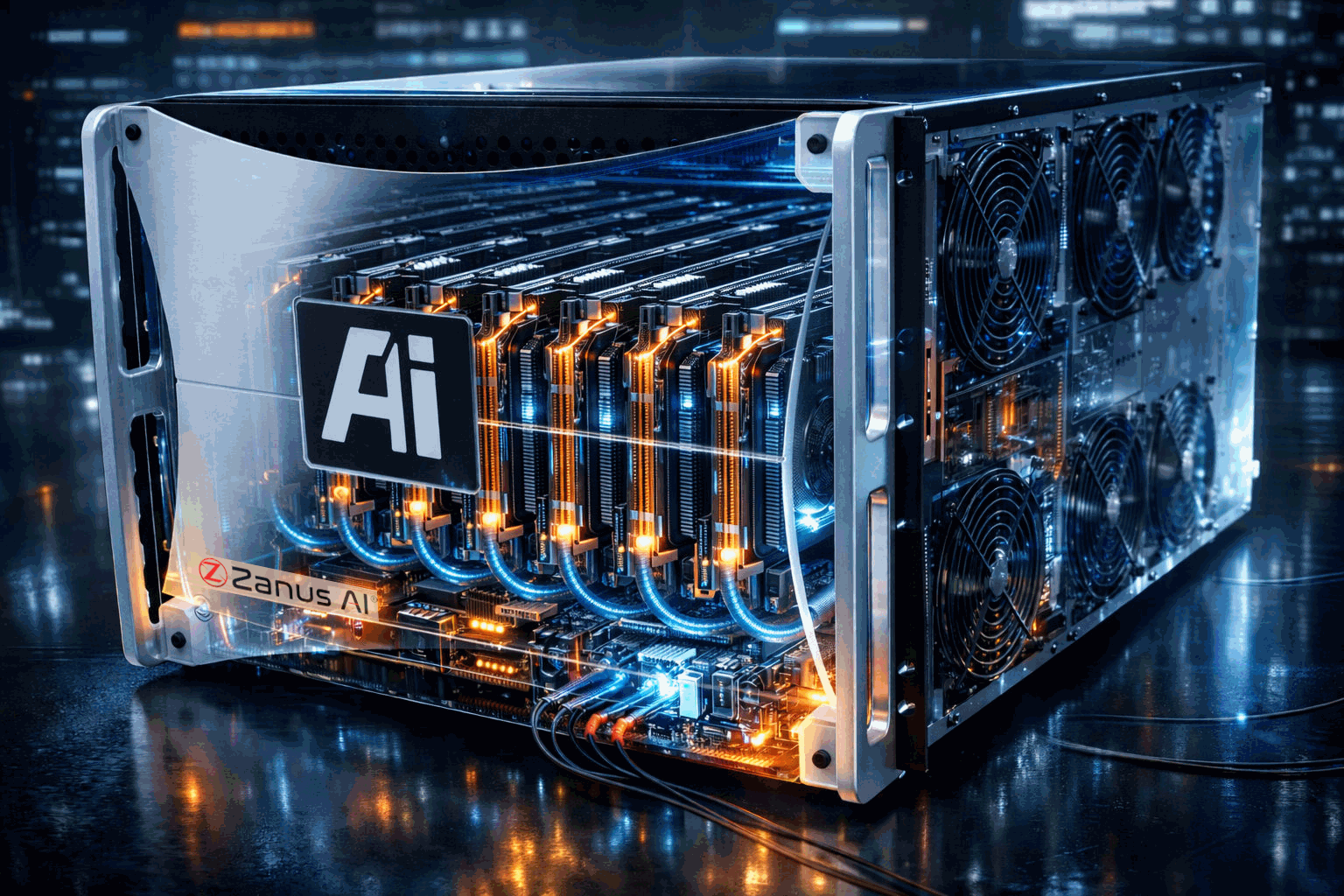 Zanus AI Quantum — enhanced enterprise GPU array inside turnkey private AI server for deep reasoning, document analysis, and sovereign on-premises AI inference
